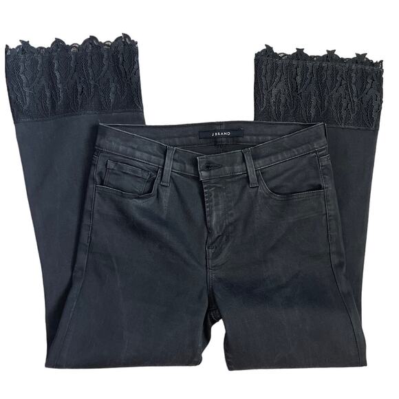 J Brand Coated Black Out Selena Cropped Lace Hem Mid-Rise Bootcut Jeans Size 29 - Picture 7 of 12